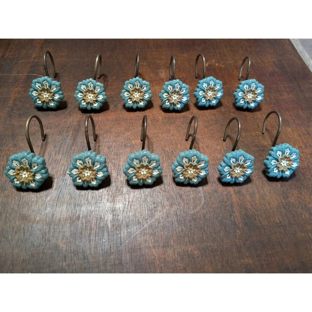 Vintage Shower Curtain Hooks | Blue Tan and White Flowers | Set of 12 hooks